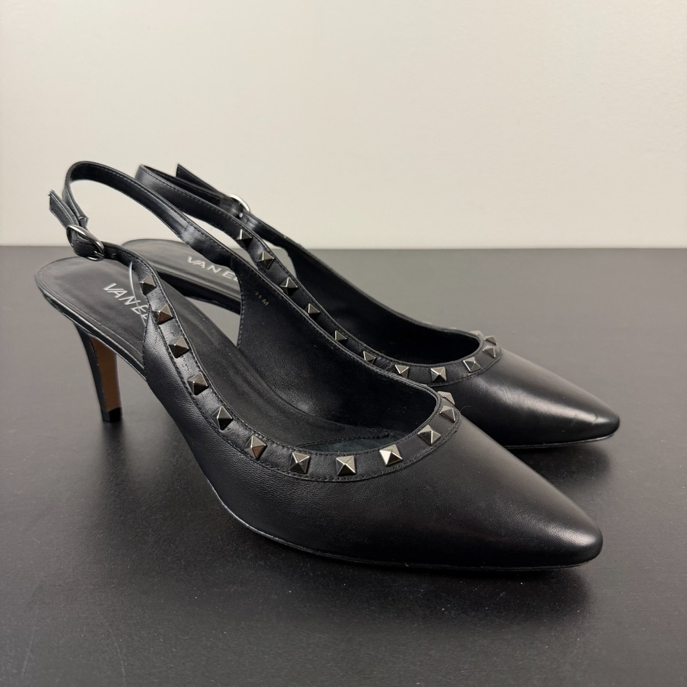 Vaneli Slingback Kitten Heels Womens 11M Black Leather Rockstud Pointed Toe Fun